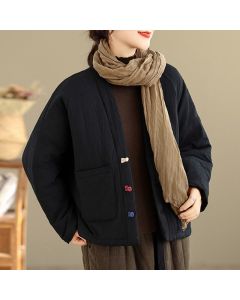 Buddha Stones Winter Long Sleeve Cotton Women's Thermal Jacket With Pockets - CadetBlue / US12，UK/AU16，EU44 (XL)
