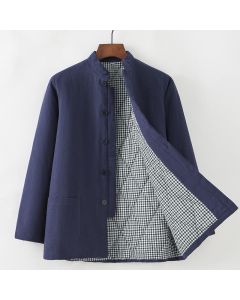 Buddha Stones Winter Men's Frog-Button Tang Suit Linen Cotton Fleece Lined Jacket Shirt With Pockets - SteelBlue / Button Down / US/UK/AU36，EU46 (L)