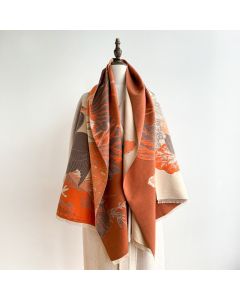 Buddha Stones Winter Stork Birds Lotus Flowers Leaves Pattern Soft Scarf Shawl - SandyBrown / 180*65cm