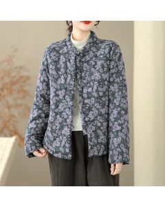 Buddha Stones Winter Vintage Tang Style Frog Button Floral Print Women's Jacket - DimGray / US4，UK/AU8，EU36 (L)