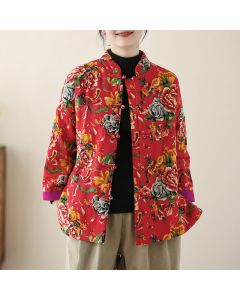 Buddha Stones Winter Vintage Tang Style Frog Button Peony Floral Women's Jacket With Pockets - Crimson / US6, UK/AU10, EU38 (M)