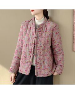 Buddha Stones Winter Vintage Tang Style Frog Button Pink Floral Women's Jacket With Pockets - PaleVioletRed / US4, UK/AU8, EU36 (L)