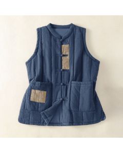 Buddha Stones Winter Vintage Tang Style Frog Button Solid Tank Top Women's Vest With Pockets - SteelBlue / US6，UK/AU10，EU38 (XL)