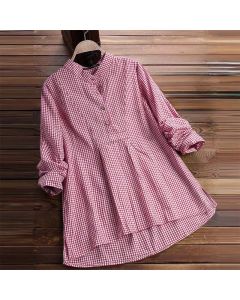 Buddha Stones Women's Buttons Long Sleeve Checked Pattern Shirt - MediumBlue / US8-10，UK/AU12-14，EU40-42 (2XL)