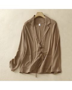 Buddha Stones Women's Cotton Linen Frog-Button Long Sleeve Jacket With Pockets - Sienna / US8-10，UK/AU12-14，EU40-42 (XL)