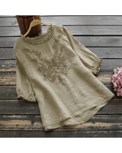 Buddha Stones Women's Flower Embroidery Design Crew Neck T-shirt Tee - BurlyWood / US2，UK/AU6，EU34 (M)