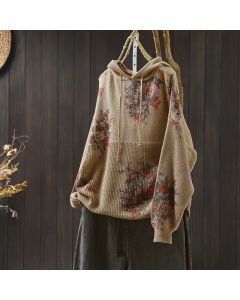 Buddha Stones Women's Knitted Floral Long Sleeve Hooded Sweater - SaddleBrown / US4-6，UK/AU8-10，EU36-38 (F)