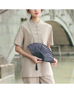 Buddha Stones 2Pcs Women's Short Sleeve Shirt Top T-Shirt Pants Meditation Zen Tai Chi Cotton Linen Clothing Set - White(Top&Pants) / US18,UK/AU22,EU50 (6XL)