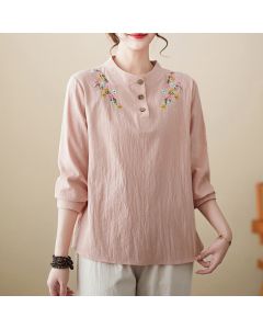 Buddha Stones Women's Spring Embroidered Flower Pattern Stand Collar Long Sleeve Cotton Shirt - LightPink / US4，UK/AU8，EU36 (L)