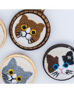 Buddha Stones Wood Cat Luck Embroidered Round Pendant Necklace - Calico