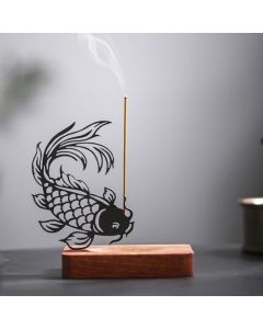 Buddha Stones Wooden Base Koi Fish Success Zen Incense Burner - Head Down Koi Fish Short Base