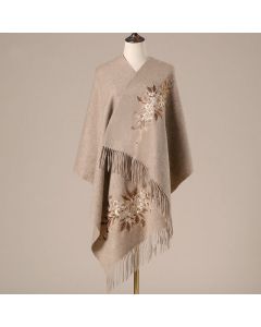 Buddha Stones Wool Shawl Begonia Embroidery Tassel Winter Cozy Travel Scarf Wrap - Tan / 200*60cm