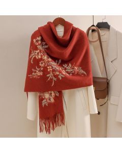 Buddha Stones Wool Shawl Red Flower Gold Sequins Embroidery Tassel Winter Cozy Travel Scarf Wrap - Tan / 200*60cm