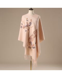 Buddha Stones Wool Shawl White Pink Flowers Golden Leaves Embroidery Tassel Winter Cozy Travel Scarf Wrap - LightPink / 200*60cm
