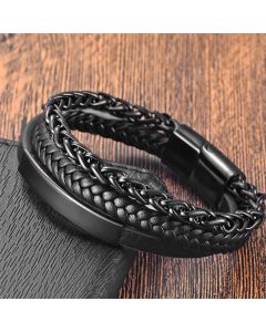 Buddha Stones Woven Pattern Titanium Steel Stimulation Multi-layer Leather Buckle Bracelet - Black(Wrist Circumference: 16-18cm)
