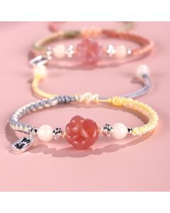Buddha Stones Yanyuan Agate Cat Claw Paw White Bodhi Seed Fu Character Positive Braided Rope Bracelet - Green Pink(Wrist Circumference 14-18cm)