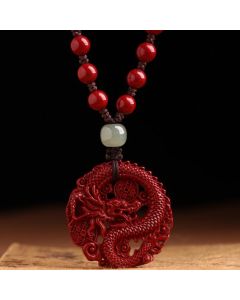 Buddha Stones Year Of The Dragon Natural Cinnabar Hetian Jade Bead Copper Coin Attract Wealth Strength Necklace Pendant - Cinnabar Dragon String Chain