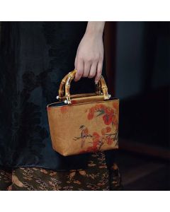Buddha Stones Yellow Bird Branches Green Peony Flower Bamboo Handles Handbag - Green Peony 16-23*14*11cm