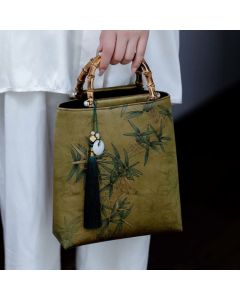 Buddha Stones Yellow Green Bamboo Leaves Bamboo Handles Handbag - Bamboo Leaves 20-23*25*8.5cm