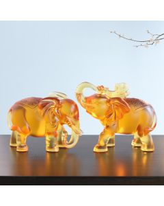 Buddha Stones Yellow Liuli Crystal Elephant Trunk Up Down Design Strength Home Decoration - A Pair Of Extra Large Elephant