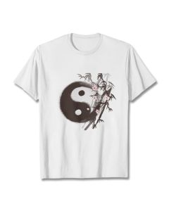 Buddha Stones Yin Yang Bamboo Cherry Blossom Pattern Tee T-shirt - LightGrey / 2XL