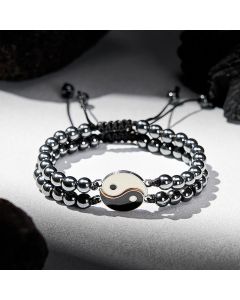 Buddha Stones Yin Yang Hematite Frosted Stone Lava Rock Support Bracelet - Lava Rock(Wrist Circumference: 17-27cm)