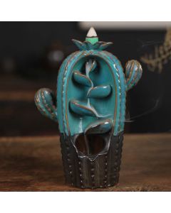 Buddha Stones Cactus Ceramic Healing Backflow Smoke Fountain Incense Burner - Cactus-Yellow 12.5*6.5*17cm