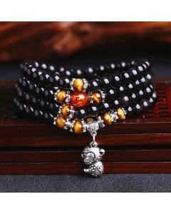 Chinese Zodiac 108 Beads Black Obsidian Tiger Eye Fortune Mala Bracelet - Black Obsidian&Tiger Eye / Pig