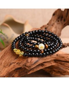 Buddha Stones Chinese Zodiac Obsidian PiXiu Protection Mala Bracelet - 8mm-Pig