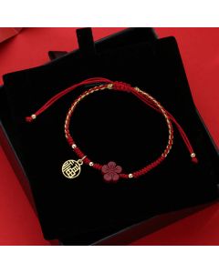 Buddha Stones Cinnabar Flower Fu Character Blessing Braided String Bracelet - Cinnabar(Calm♥Concentration)(Bracelet Size 14-24cm)