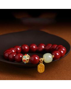Buddha Stones Cinnabar Green Aventurine Fortune Protection Charm Bracelet - Emperor Sand / 12mm