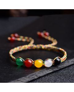 Buddha Stones Colorful Agate Metal Wood Water Fire Earth Five Elements String Bracelet - Agate