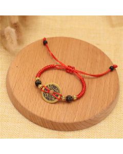 Buddha Stones Copper Coin Fortune Red String Weave Bracelet - Knot Copper Coin(Bracelet Size 14-20cm)