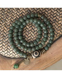 Cyan Bodhi Seed Dzi Bead Wisdom Peace Triple Wrap Bracelet - 18cm