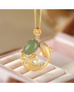 Buddha Stones Cyan Jade Koi Fish Healing Calm Necklace Pendant - 45+5cm