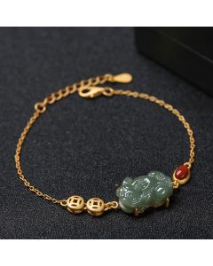 Buddha Stones Cyan Jade PiXiu Copper Coin Red Agate Success Chain Bracelet - Jade(Prosperity♥Abundance)