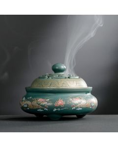 Dragon Floral Pattern Backflow Smoke Fountain Ceramic Meditation Incense Burner Decoration - Green Floral