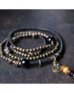 Buddha Stones Ebony Wood Dzi Bead Copper Peace Couple Bracelet Necklace Pendant - 18cm