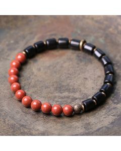 Buddha Stones Ebony Wood Red Jasper Moss Agate Crystal Copper Peace Couple Bracelet - Ebony&Agate / 18cm