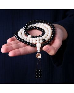 Buddha Stones Ebony YinYang Protection Necklace Mala - 8mm