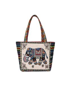 Buddha Stones Elephant Butterfly Embroidered Large Capacity Canvas Tote Bag Shoulder Bag - Blue Butterfly