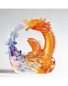 Buddha Stones Feng Shui Dragon Koi Fish Handmade Liuli Crystal Art Piece Home Office Decoration - Dragon&Crystal Base