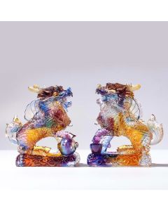 Buddha Stones Feng Shui Kirin Handmade Liuli Crystal Art Piece Fortune Home Office Decoration - Gold / Kirin&Ingot