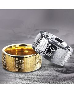 Buddha Stones FengShui Buddhism Ancient Heart Sutra Lucky Ring - Silver-US11