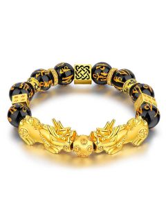 Buddha Stones FengShui Double PiXiu Obsidian Om Mani Padme Hum Wealth Bracelet - 12mm(Wrist Circumference: 17-18cm)
