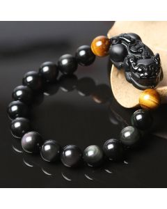 Buddha Stones FengShui PiXiu Rainbow Obsidian Tiger Eye Wealth Bracelet - 14mm