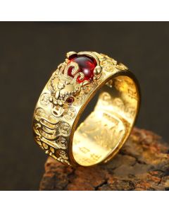 Buddha Stones FengShui PiXiu Red Garnet Heart Sutra Wealth Ring - White
