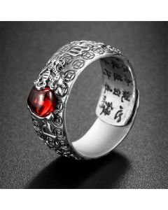Buddha Stones FengShui PiXiu Red Garnet Wealth Ring - PiXiu