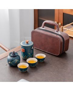 Buddha Stones Flower Chinese Gongfu Ceramic Teapot Portable Outdoor Travel Tea Set Bag - Red / 1 Teapot+3 Cups+1 Handbag+1 Tea Can