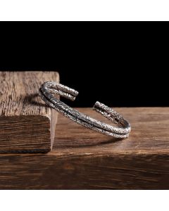 Buddha Stones Flower Dragon Pattern Engraved Balance Cuff Bracelet Bangle - Flower Dragon Pattern
